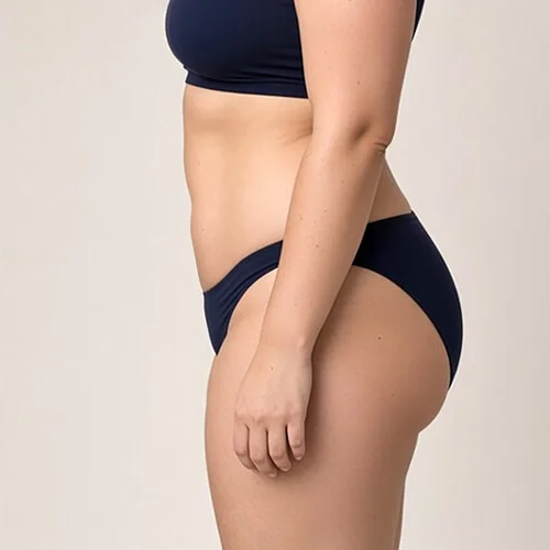 La même vue de profil avec un ventre plus plat après la simulation d’abdominoplastie