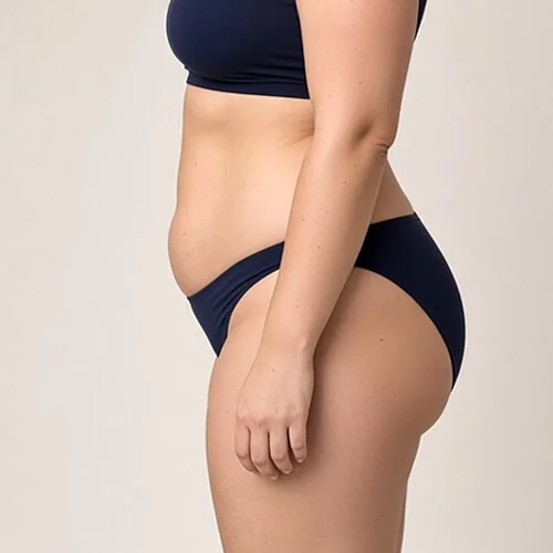 Vue de profil de l’abdomen d’une femme avant la simulation d’abdominoplastie