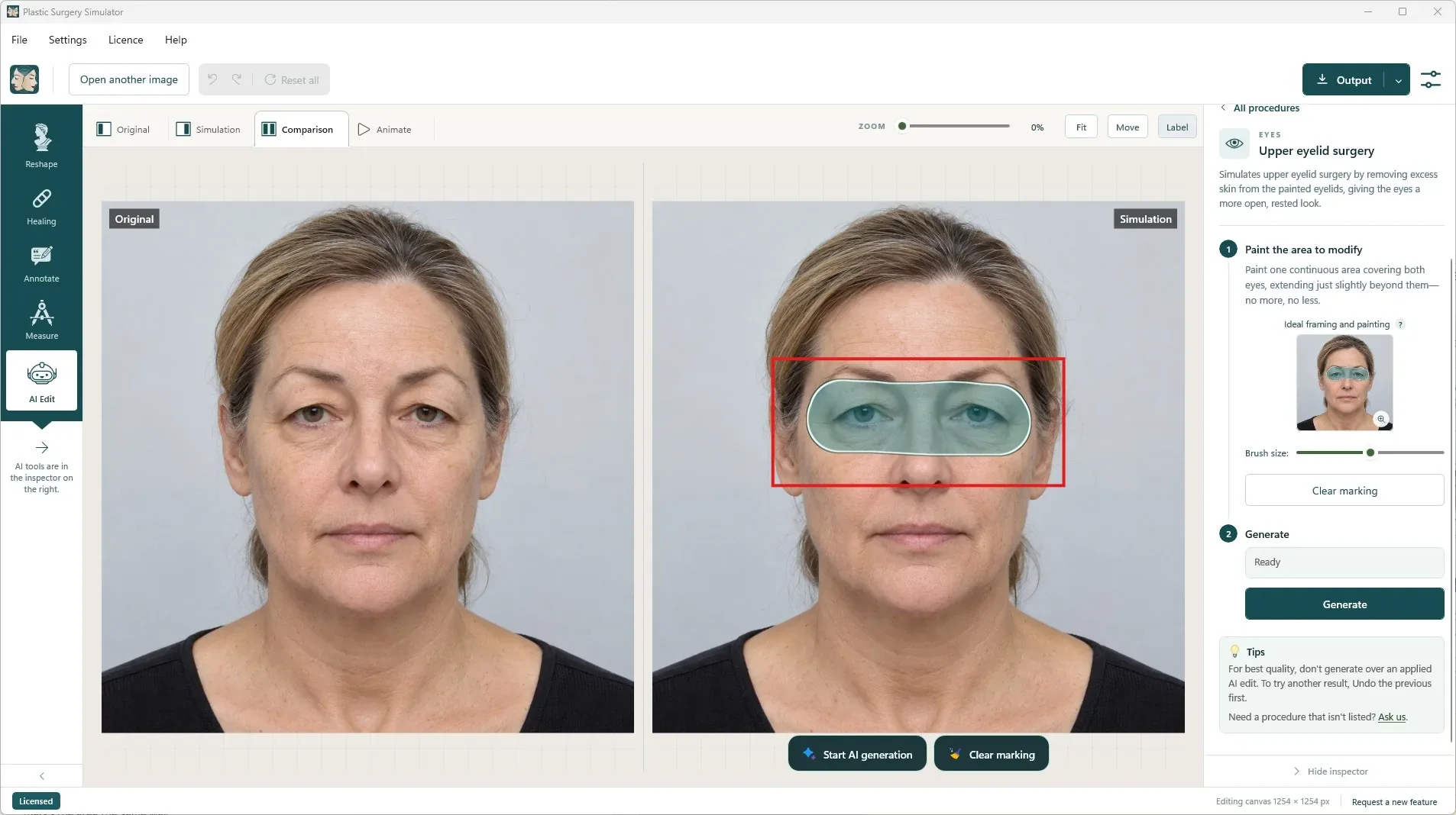 Los dos ojos pintados con el pincel de la Edición IA para una simulación de párpados superiores