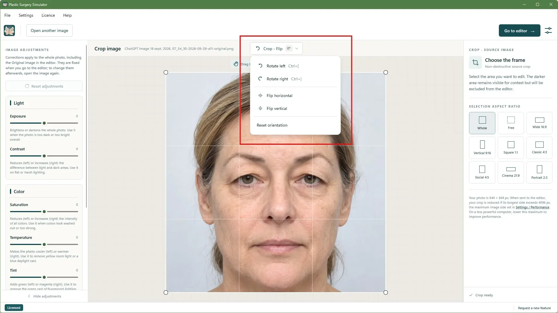 Tela de recorte com o menu Recortar - Virar: girar para a esquerda, girar para a direita, virar horizontalmente, virar verticalmente