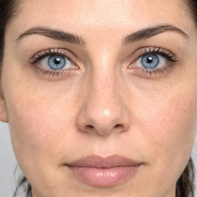 La misma mujer con el iris azul, con su textura natural, después de la simulación de color de ojos con la Edición IA