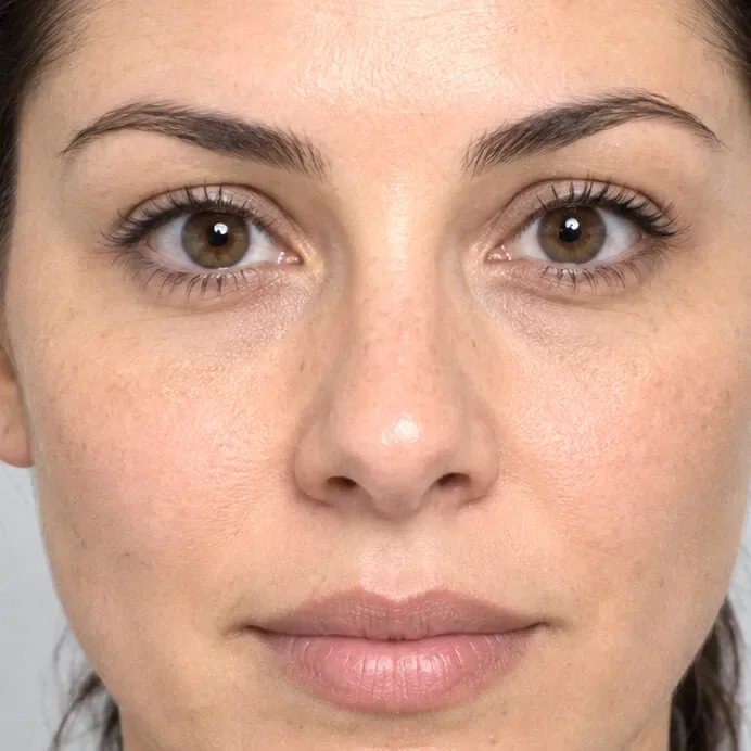Vista frontal de una mujer con ojos marrones antes de la simulación