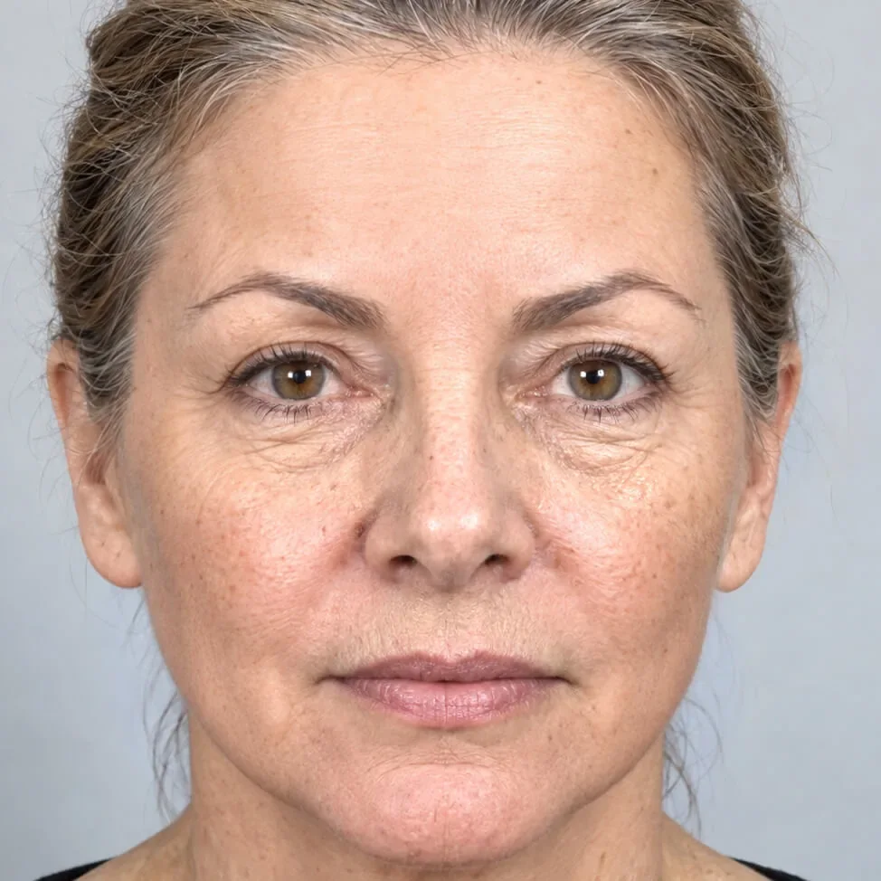 La misma mujer con la línea mandibular elevada y las líneas suavizadas después de la simulación de lifting facial y Botox con la Edición IA