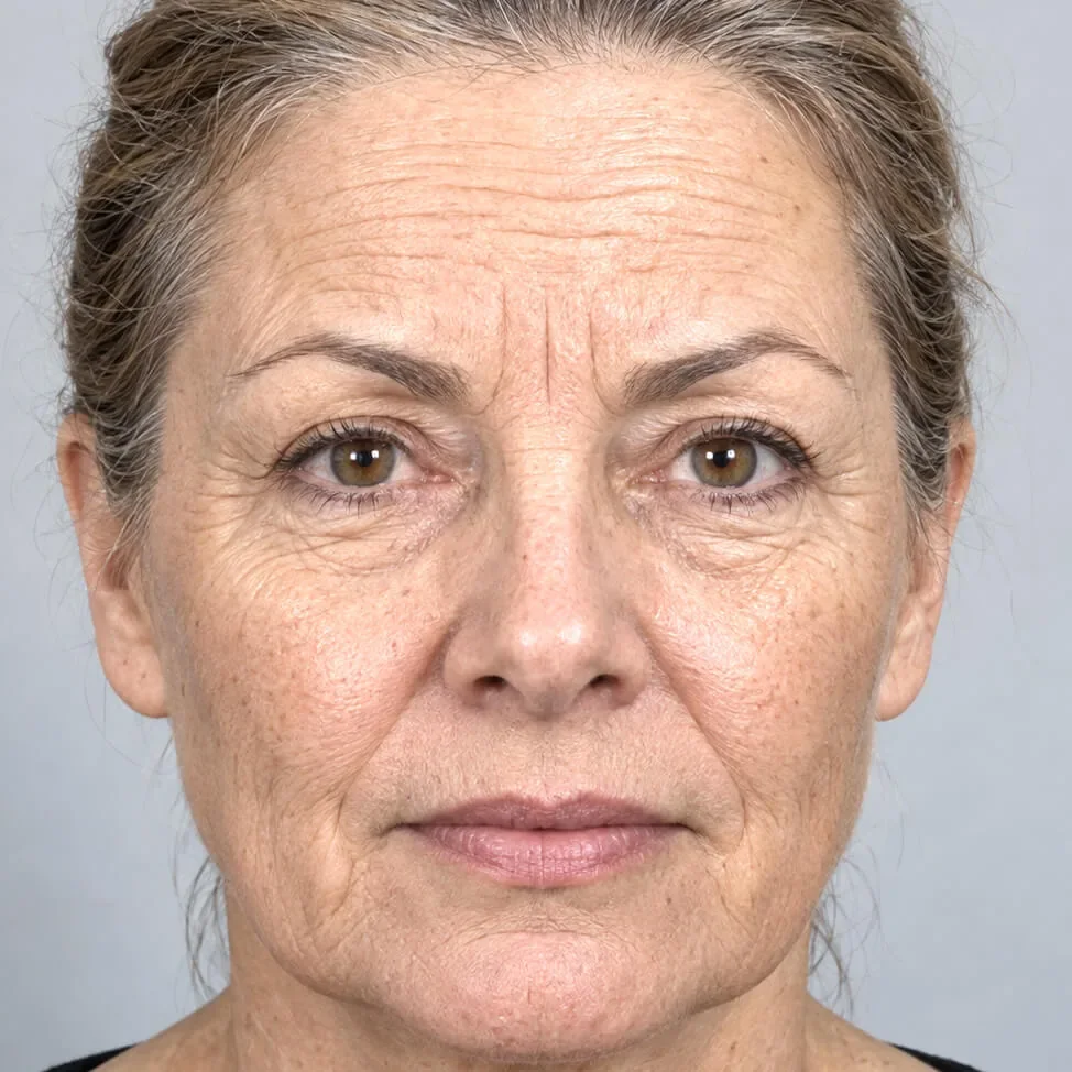 Vista frontal de una mujer madura antes de la simulación de lifting facial y Botox