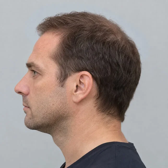 El mismo hombre con la línea frontal y la coronilla completas después de la simulación de trasplante capilar con la Edición IA