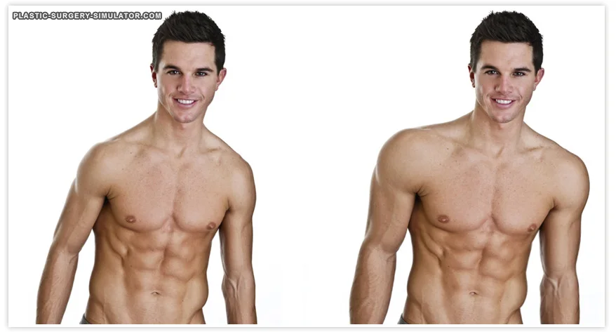 Male torso before and after a muscle augmentation simulation, side by side