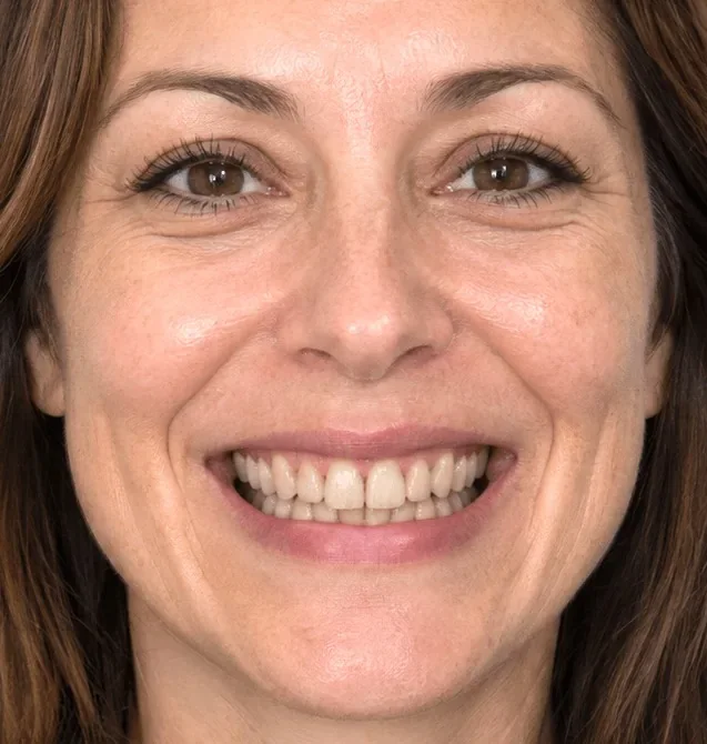 La misma sonrisa con los dientes más blancos después de la simulación de blanqueamiento dental con la Edición IA