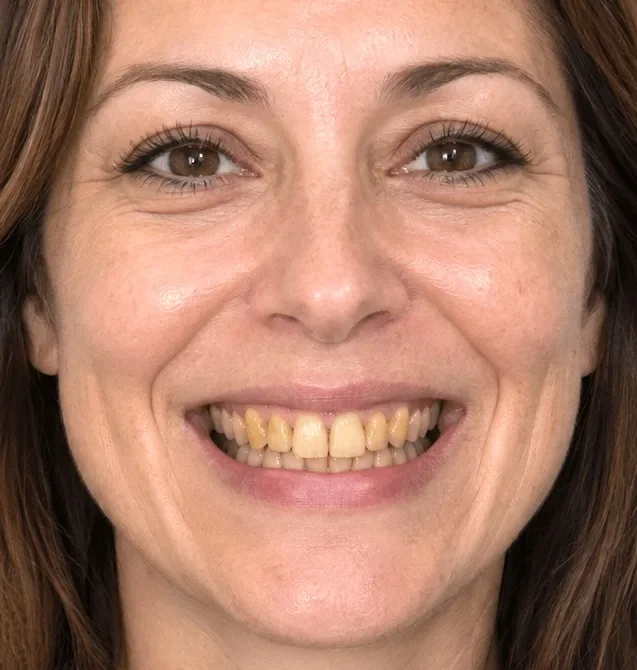 Mujer sonriente con los dientes amarillentos antes de la simulación de blanqueamiento dental