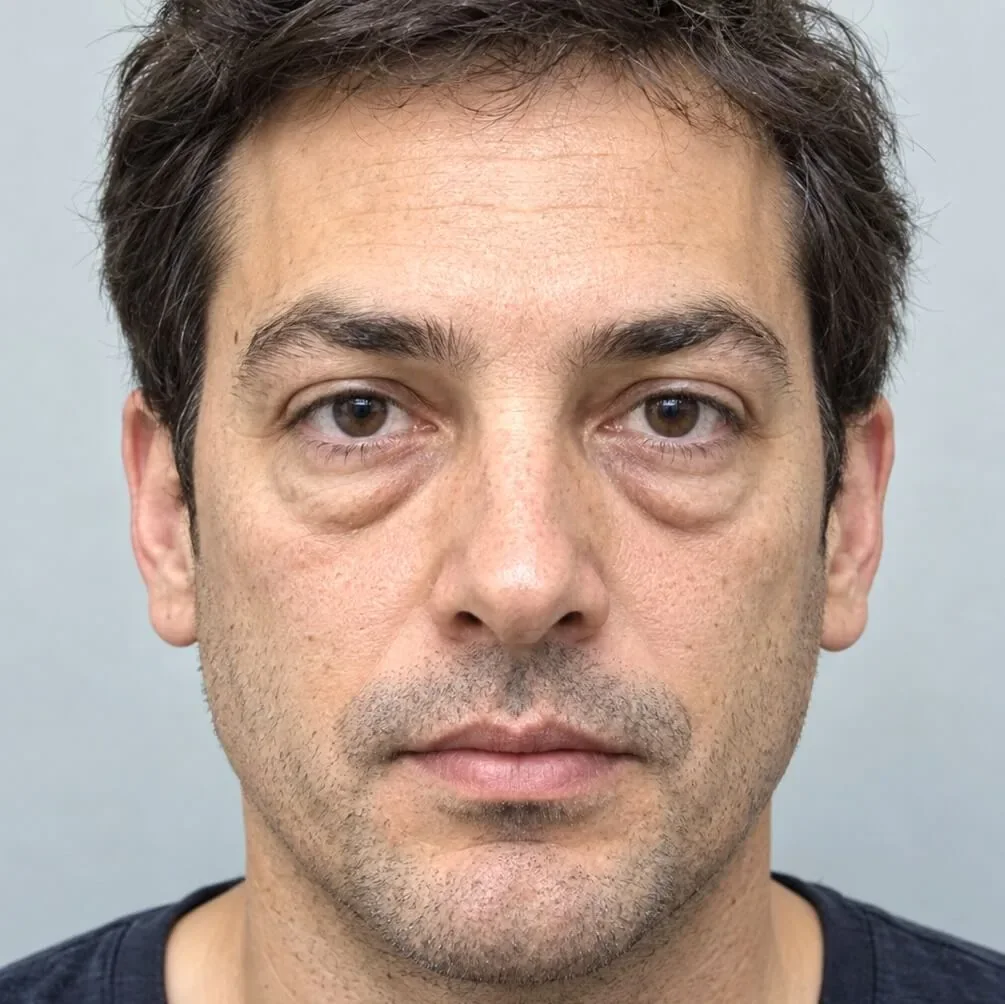 Vista frontal de un hombre con bolsas bajo los ojos antes de la simulación