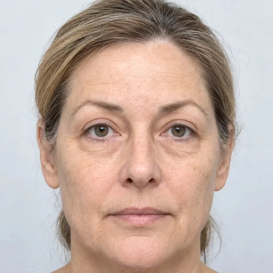 La misma mujer con los párpados superiores más abiertos después de la simulación de blefaroplastia con la Edición IA