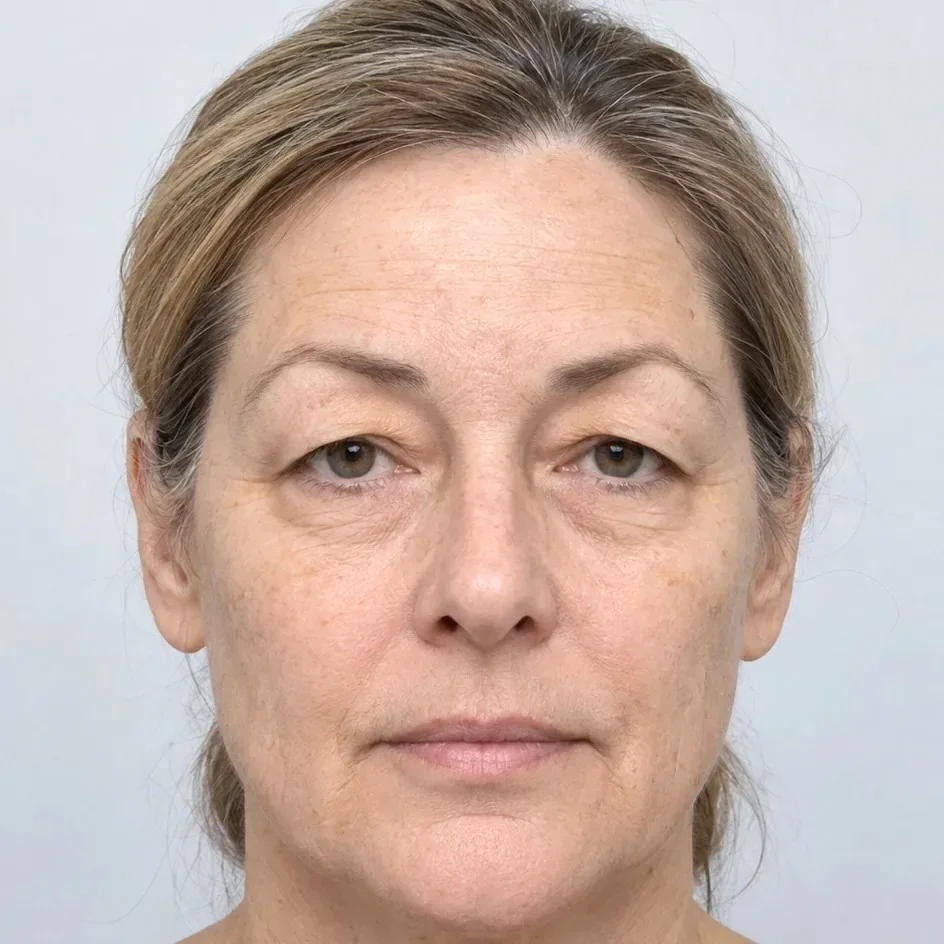 Vista frontal de una mujer con los párpados superiores caídos antes de la simulación de blefaroplastia